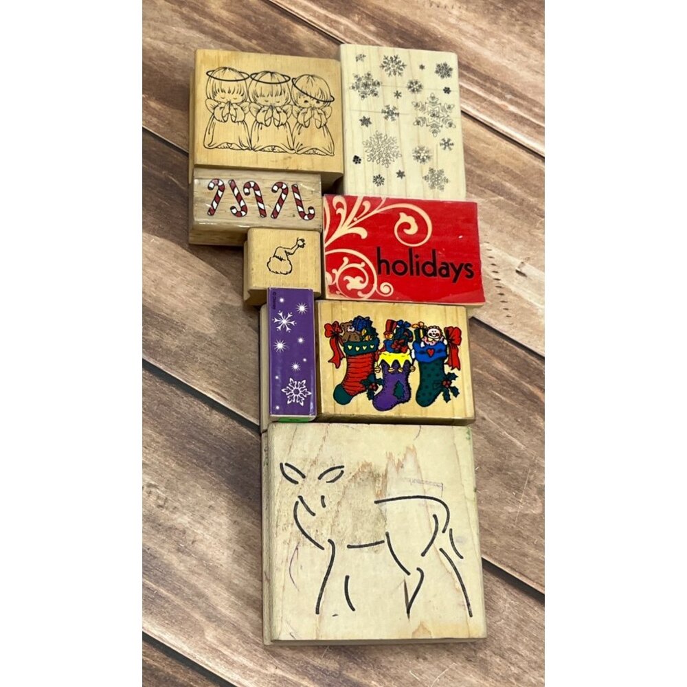 Lot of 8 mostly unbranded Holiday WOOD MOUNTED RUBBER STAMPS